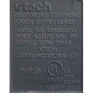 CARGADOR / ADAPTADOR DE FUENTE DE ALIMENTACION VTECH / VCA-VCD / NUMERO DE PARTE U090020D12 / ENTRADA VCA 117V 60HZ 4W / SALIDA VCD 9V 200MA / MODELO U090020D12